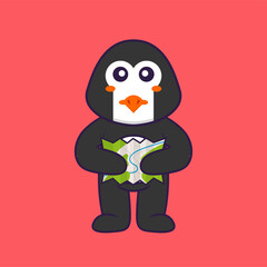 Cute penguin holding a map. Animal cartoon concept isolated. Can used for t-shirt, greeting card, invitation card or mascot. Flat Cartoon Style