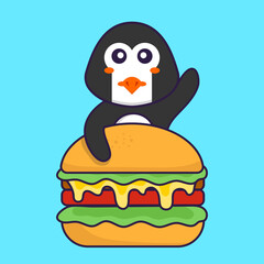 Cute penguin eating burger. Animal cartoon concept isolated. Can used for t-shirt, greeting card, invitation card or mascot. Flat Cartoon Style