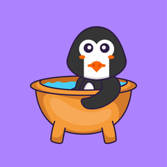 Cute penguin taking a bath in the bathtub. Animal cartoon concept isolated. Can used for t-shirt, greeting card, invitation card or mascot. Flat Cartoon Style