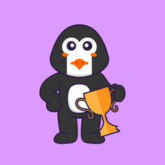 Cute penguin holding gold trophy. Animal cartoon concept isolated. Can used for t-shirt, greeting card, invitation card or mascot. Flat Cartoon Style