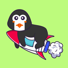 Cute penguin flying on rocket. Animal cartoon concept isolated. Can used for t-shirt, greeting card, invitation card or mascot. Flat Cartoon Style