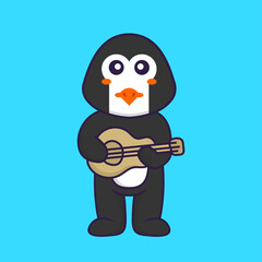 Cute penguin playing guitar. Animal cartoon concept isolated. Can used for t-shirt, greeting card, invitation card or mascot. Flat Cartoon Style