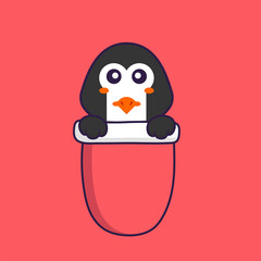 Cute penguin in red pocket. Animal cartoon concept isolated. Can used for t-shirt, greeting card, invitation card or mascot. Flat Cartoon Style