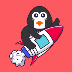 Cute penguin flying on rocket. Animal cartoon concept isolated. Can used for t-shirt, greeting card, invitation card or mascot. Flat Cartoon Style