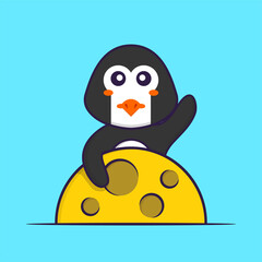 Cute penguin is on the moon. Animal cartoon concept isolated. Can used for t-shirt, greeting card, invitation card or mascot. Flat Cartoon Style