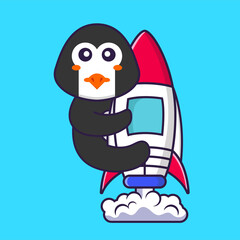Cute penguin flying on rocket. Animal cartoon concept isolated. Can used for t-shirt, greeting card, invitation card or mascot. Flat Cartoon Style