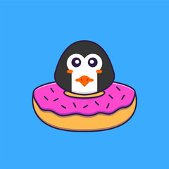 Cute penguin with a donut on his neck. Animal cartoon concept isolated. Can used for t-shirt, greeting card, invitation card or mascot. Flat Cartoon Style