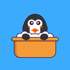 Cute penguin taking a bath in the bathtub. Animal cartoon concept isolated. Can used for t-shirt, greeting card, invitation card or mascot. Flat Cartoon Style