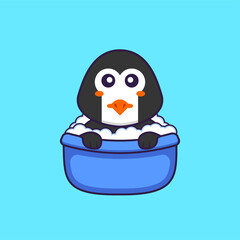 Cute penguin taking a bath in the bathtub. Animal cartoon concept isolated. Can used for t-shirt, greeting card, invitation card or mascot. Flat Cartoon Style