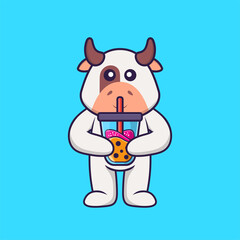 Cute cow Drinking Boba milk tea. Animal cartoon concept isolated. Can used for t-shirt, greeting card, invitation card or mascot. Flat Cartoon Style