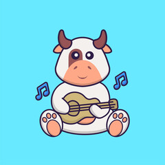 Cute cow playing guitar. Animal cartoon concept isolated. Can used for t-shirt, greeting card, invitation card or mascot. Flat Cartoon Style