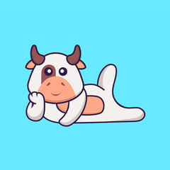 Cute cow lying down. Animal cartoon concept isolated. Can used for t-shirt, greeting card, invitation card or mascot. Flat Cartoon Style
