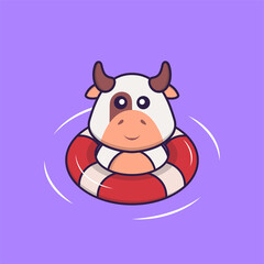Cute cow is Swimming with a buoy. Animal cartoon concept isolated. Can used for t-shirt, greeting card, invitation card or mascot. Flat Cartoon Style