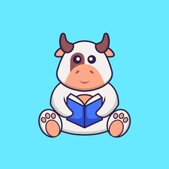 Cute cow reading a book. Animal cartoon concept isolated. Can used for t-shirt, greeting card, invitation card or mascot. Flat Cartoon Style