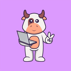 Cute cow holding laptop. Animal cartoon concept isolated. Can used for t-shirt, greeting card, invitation card or mascot. Flat Cartoon Style