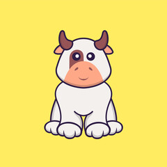 Cute cow is sitting. Animal cartoon concept isolated. Can used for t-shirt, greeting card, invitation card or mascot. Flat Cartoon Style