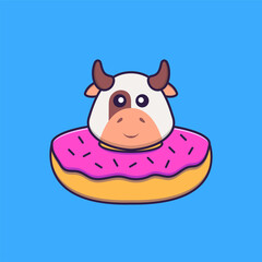 Fototapeta premium Cute cow with a donut on his neck. Animal cartoon concept isolated. Can used for t-shirt, greeting card, invitation card or mascot. Flat Cartoon Style