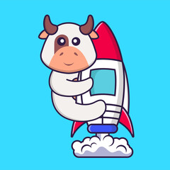 Cute cow flying on rocket. Animal cartoon concept isolated. Can used for t-shirt, greeting card, invitation card or mascot. Flat Cartoon Style