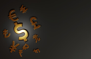 3D rendering for main golden currency exchange include dollar Yen Pound Euro Yuan Won in the world on black background and copy space , Forex  trading and investment concept.
