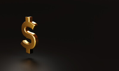 Realistic golden US dollar sign on dark background and copy space , USD is the main currency for exchange in the world . 3D rendering and illustration technique.