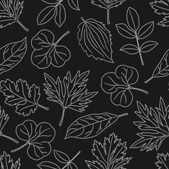 Seamless pattern with white contour leaves on black background. Vector
