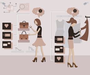 Flat of AI technology concept,Two women looking for a bag and a sweater in the shop and decide to buy - vector