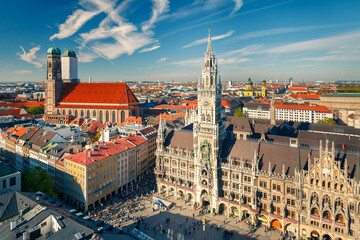 Fototapeta na wymiar Aerial view of Munchen: New Town Hall and Frauenkirche