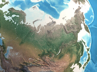 Physical map of North Asia, Siberia and Russia, with high resolution details. Satellite view of...