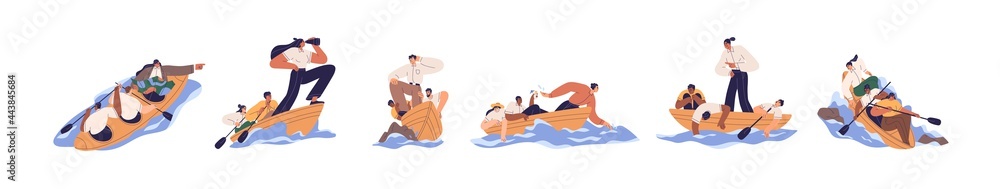 Poster set of business teams with leaders in boats, rowing forward to their goals. concept of good and bad 