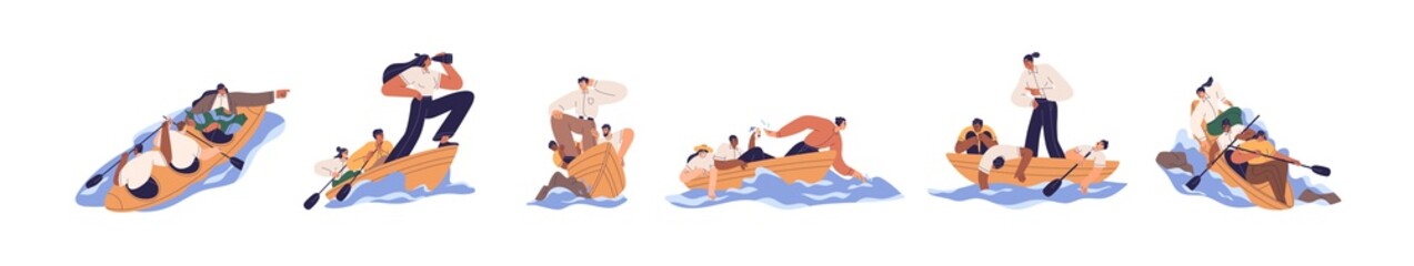Set of business teams with leaders in boats, rowing forward to their goals. Concept of good and bad management and teamwork. Flat vector illustrations of people collaborations isolated on white