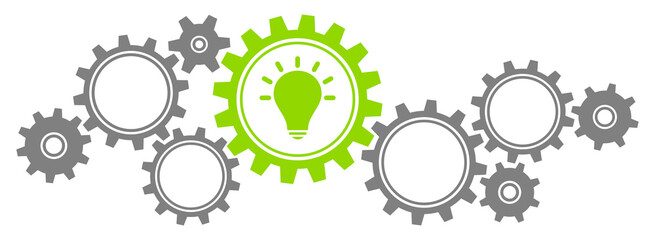 Grafische Zahnräder Glühbirne Banner Dunkelgrau Grün