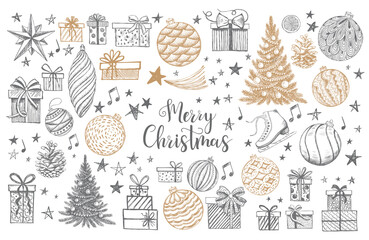 Christmas and New Year set. Hand drawn illustration. Vector.	
