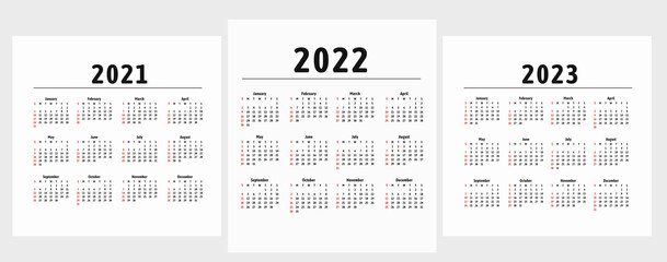 Calendar 20212022 2023 years. Vector. Week starts on Sunday. 