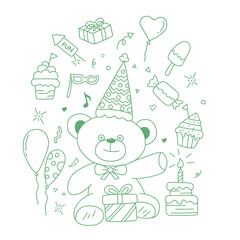 Birthday doodle elements isolated on white background. Vector illustration