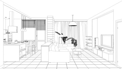 interior outline illustration, 3d sketch