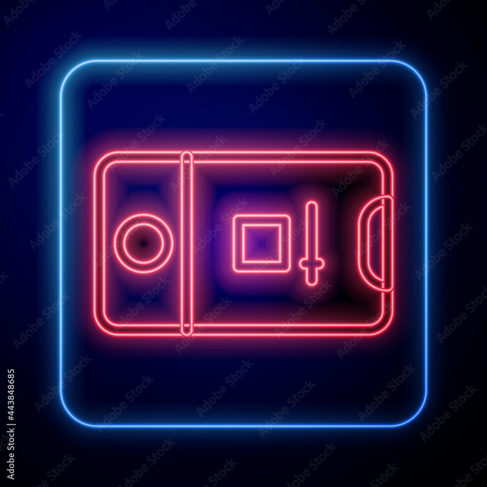 Poster glowing neon mobile phone with record frame camera icon isolated on black background. mobile app app
