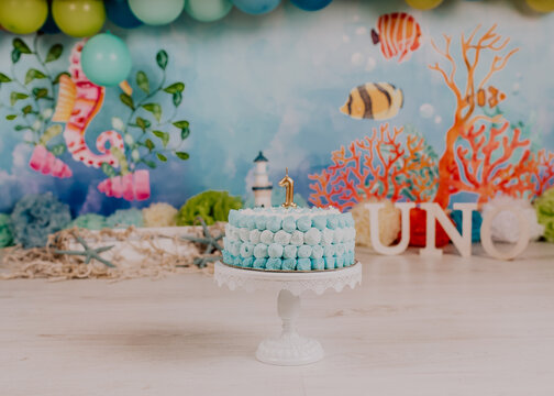 First birthday smashcake photo session of an under the sea and little mermaid theme in a photo studio