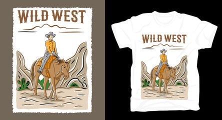 Hand drawn cowboy illustration with typography t-shirt design