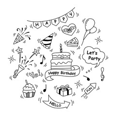 Birthday doodle elements isolated on white background. Vector illustration