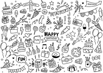 Set of Happy Birthday doodle elements isolated on white background. Vector illustration