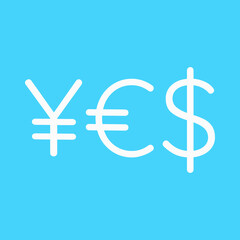 Obraz premium Word YES of currency symbols. Japanese Yen, Euro, US Dollar symbols.