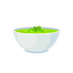 Vector Bowl of Green Cream Soup, Vegetable Soup Icon Isolated on White Background, Colorful Illustration.
