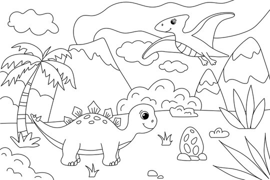 Children's coloring book with cute dinosaurs