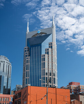 Nashville, Tennessee - 28 June 2021: Detail Of The Main Buildings Of The Financial Downtown District Of Nashville Including ATT And Wework