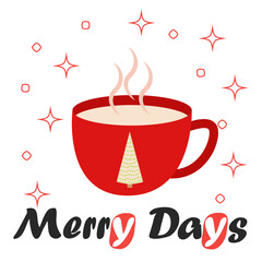 Merry Christmas Card. Red Mug with Hot Chocolate Cocoa