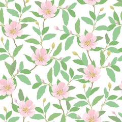 Seamless vector pattern with pink flowers and green leafs on a white background