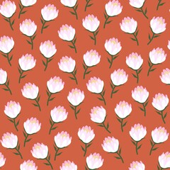 Seamless vector pattern with colorful protea flowers on a red background