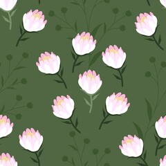 Seamless vector pattern with colorful protea flowers on a green background
