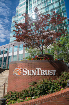 Nashville, Tennessee - 28 June 2021: Detail of the main building for SunTrust bank in the financial downtown district of Nashville