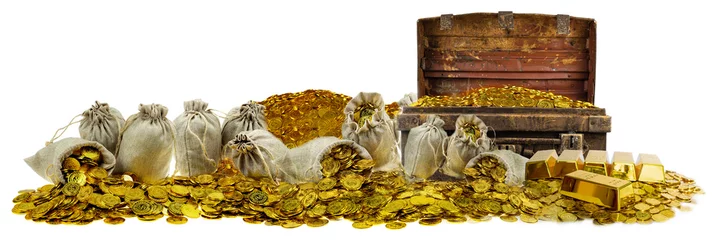 Fotobehang A lot of stacking gold coins in treasure stack and gold bar 1kg on white background © Thicha
